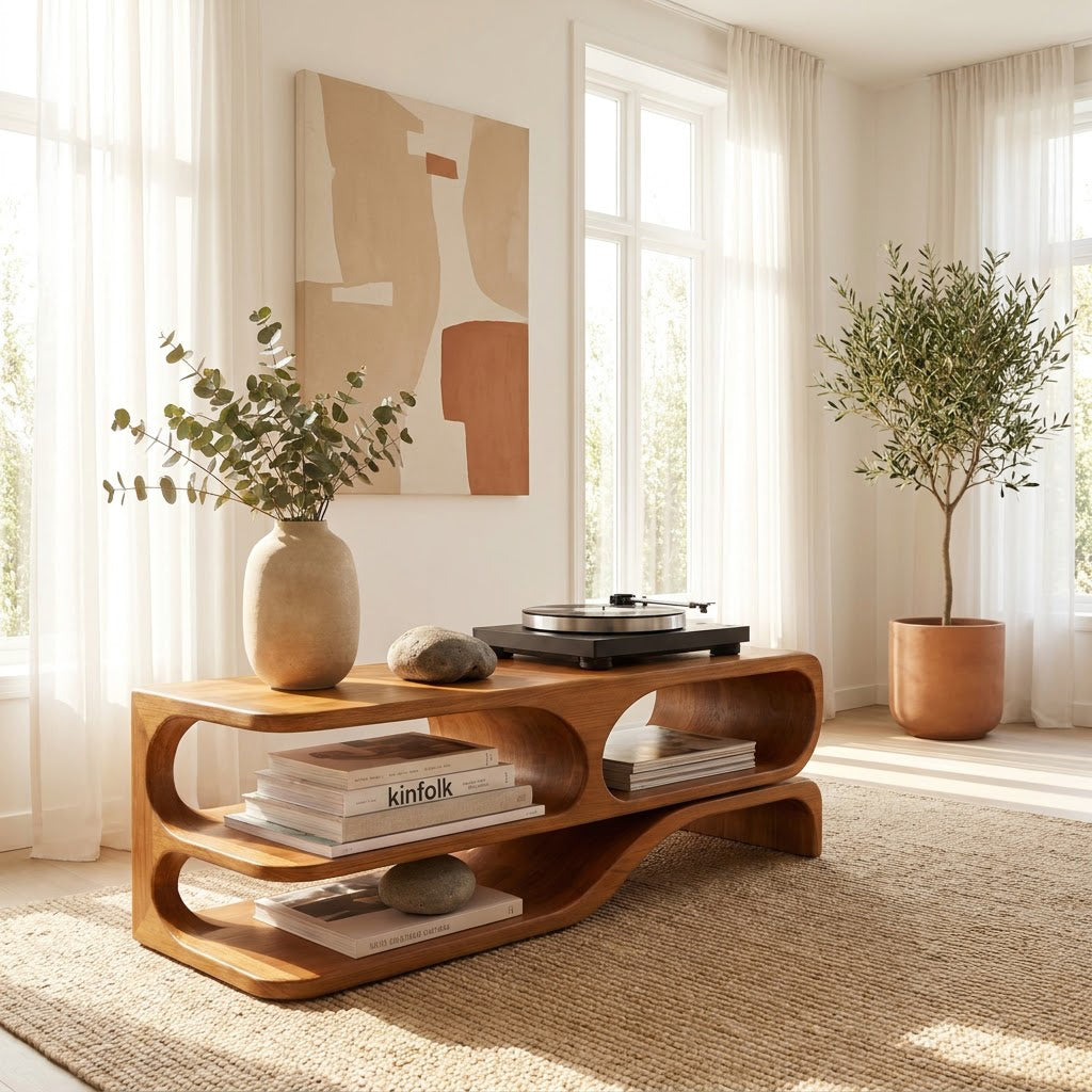 Sculptural solid wood wave turntable stand in a contemporary living room