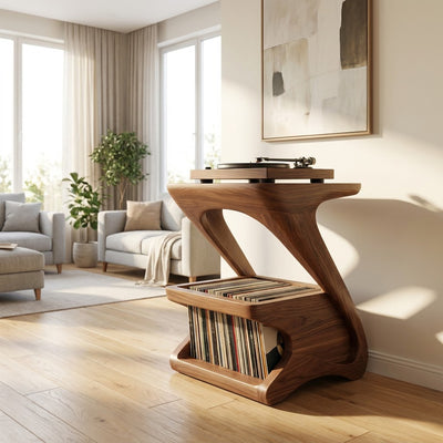 Sculptural Handcrafted Z-Shape Solid Wood Turntable Stand & 2-Tier Vinyl Record Storage Rack