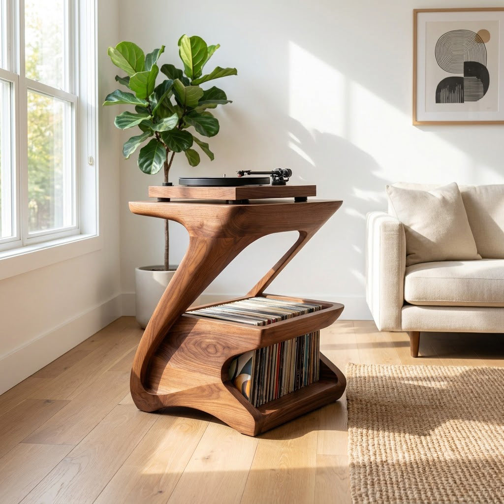 Sculptural solid wood Z-shape turntable stand in a contemporary living room