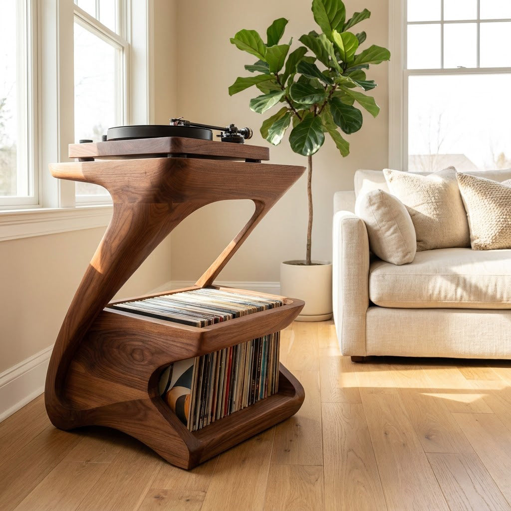 Sculptural solid wood turntable stand showcased in an elegant home interior