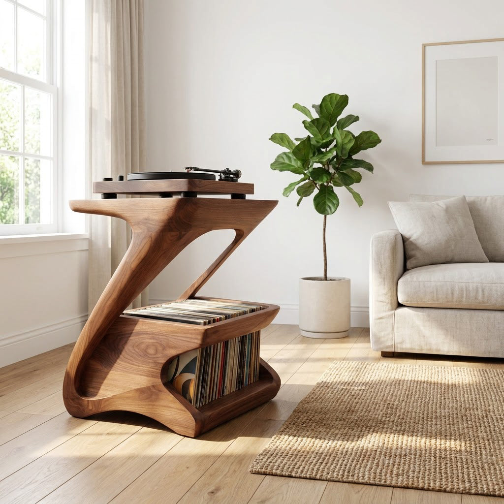 Handcrafted solid wood two-tier vinyl record storage rack in a modern listening room