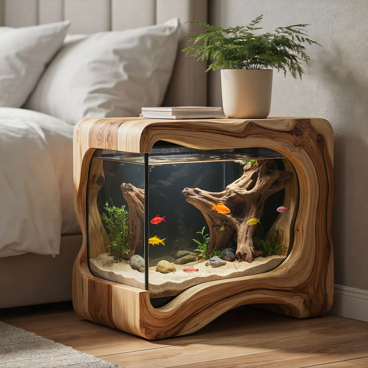 Sculptural hollowed aquarium nightstand in solid wood