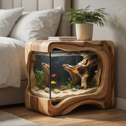 Sculptural hollowed aquarium nightstand in solid wood
