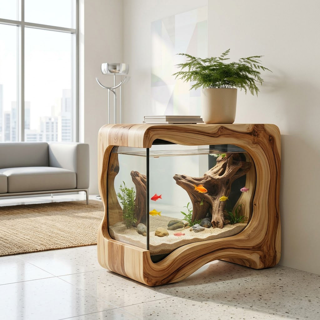 Sculptural solid wood aquarium nightstand displayed in a minimalist living room