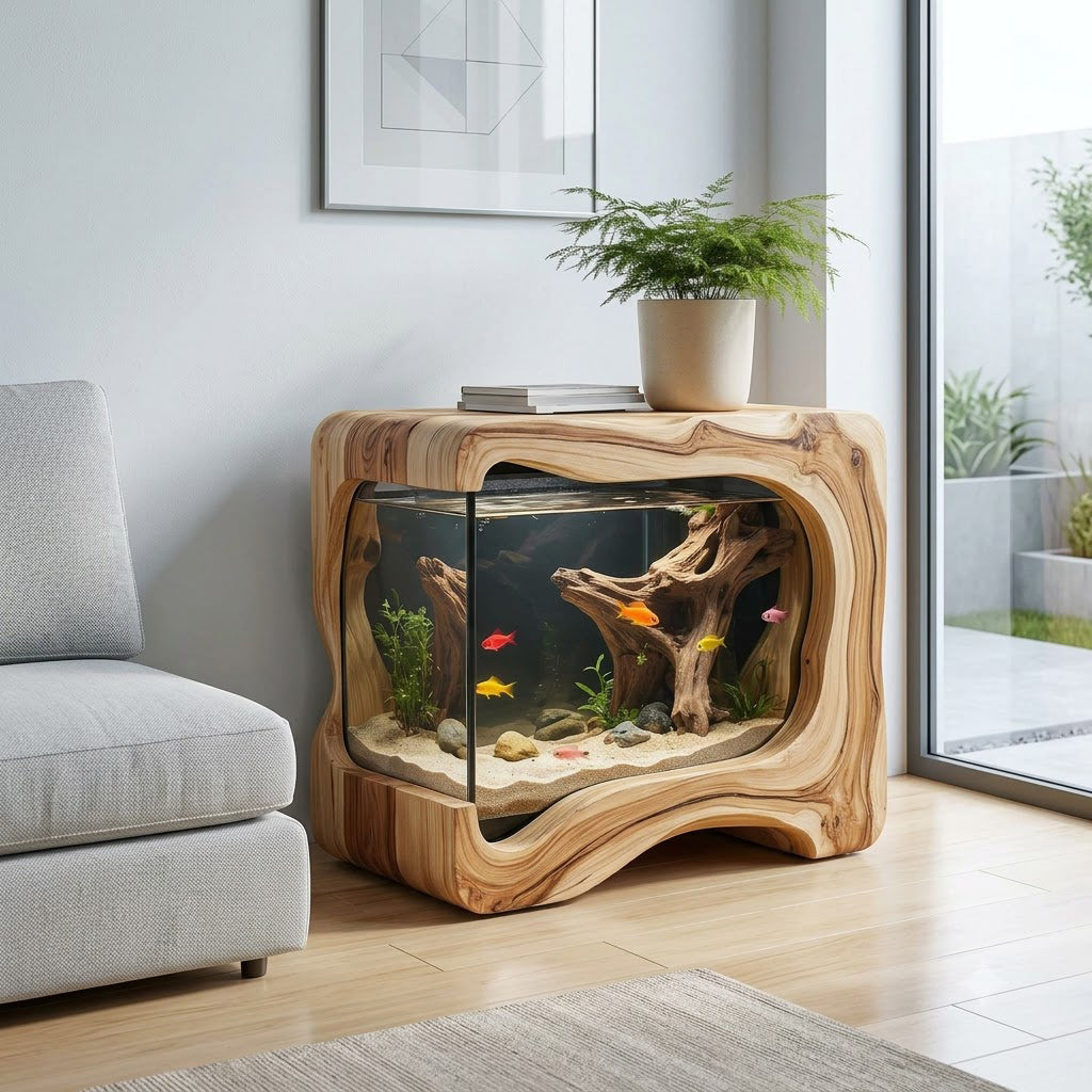 Live edge solid wood bedside table enhancing a contemporary bedroom interior