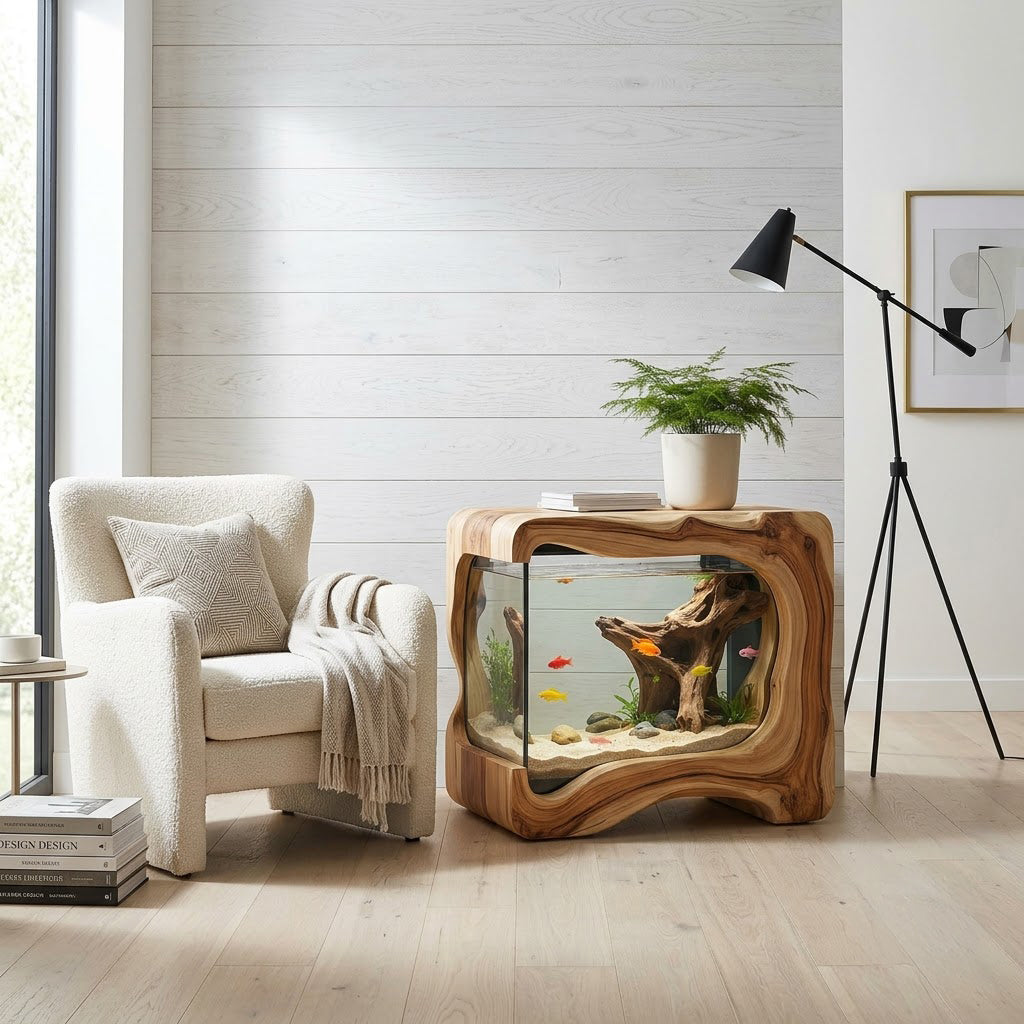Sculptural solid wood aquarium nightstand featured in a sophisticated bedroom interior
