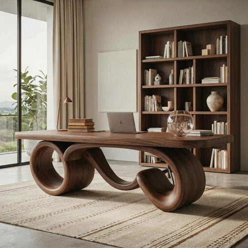 Sculptural Infinity Loop Solid Wood Executive Desk Organic Ribbon Office Table