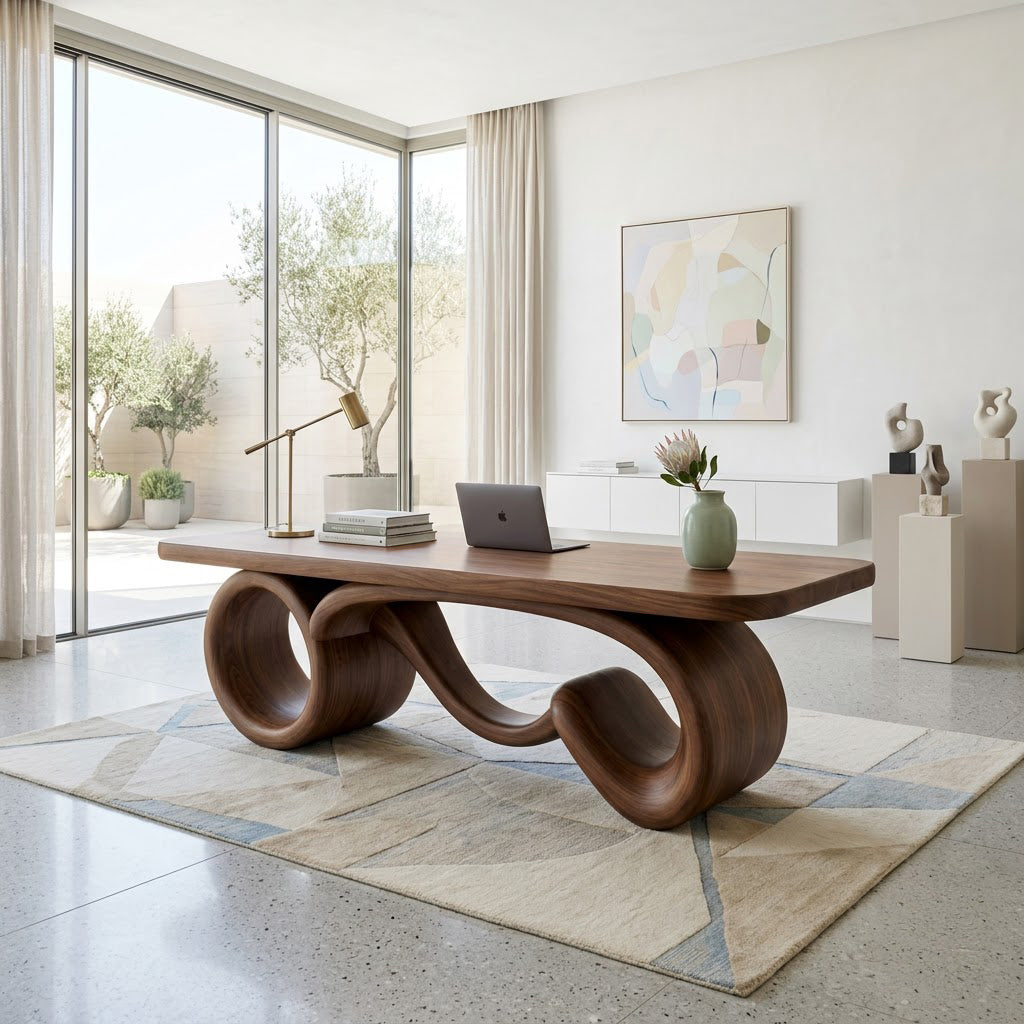 Sculptural infinity loop solid wood executive desk in a contemporary home office