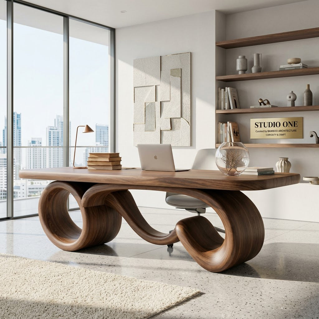 Organic solid wood ribbon office table styled in a modern executive workspace