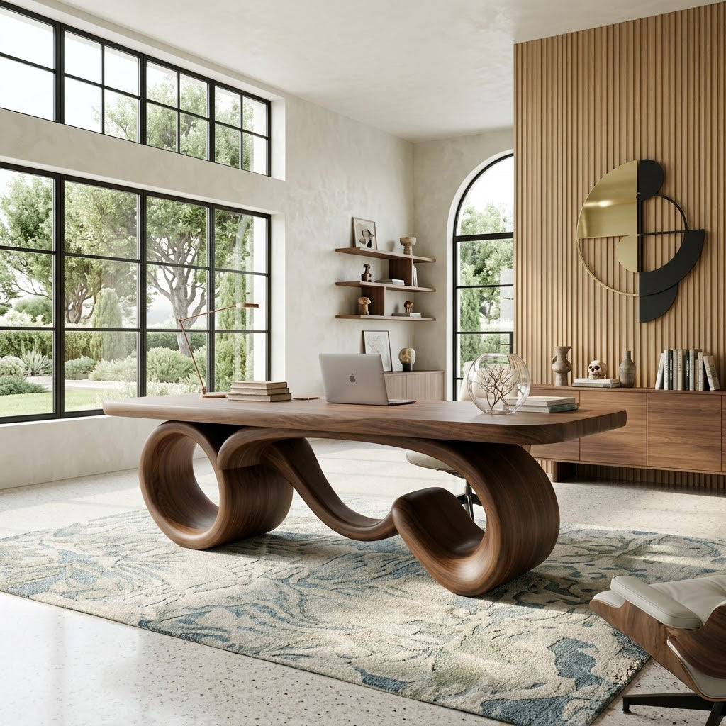 Curved solid wood executive desk displayed in a minimalist office interior
