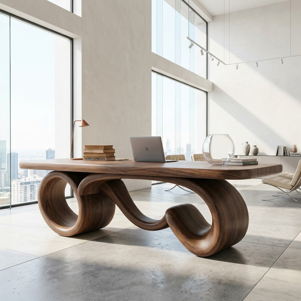Sculptural solid wood infinity loop desk enhancing a contemporary workspace
