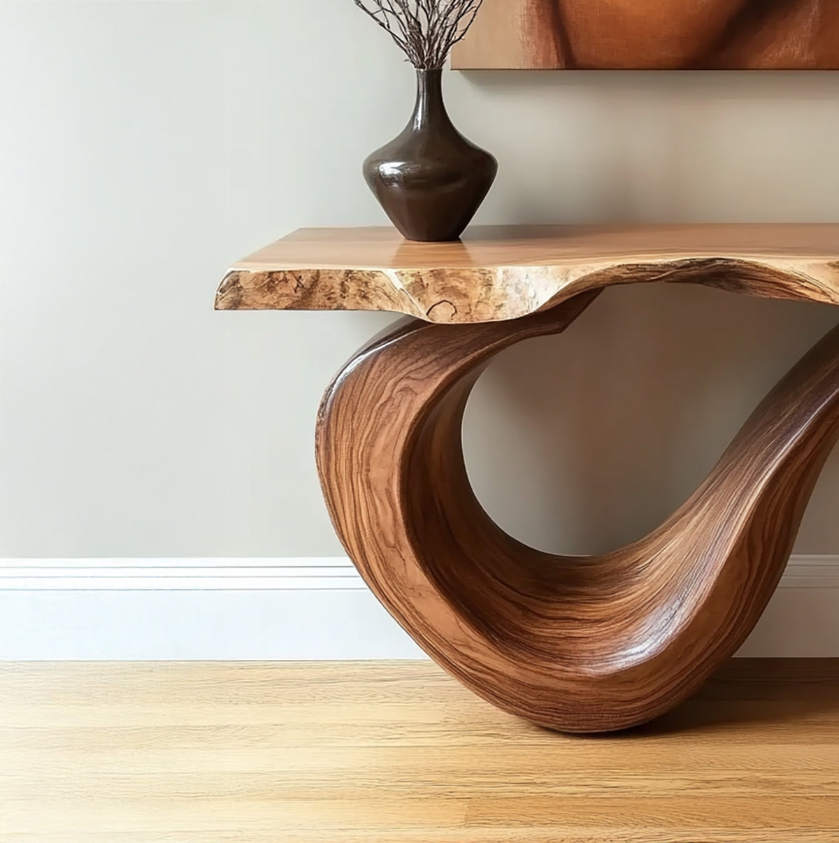 Handcrafted wooden entryway table with natural live edge