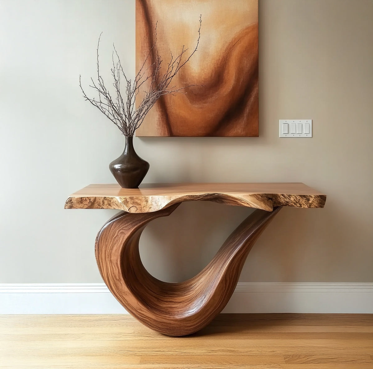 Abstract live edge console table with sculptural wood design