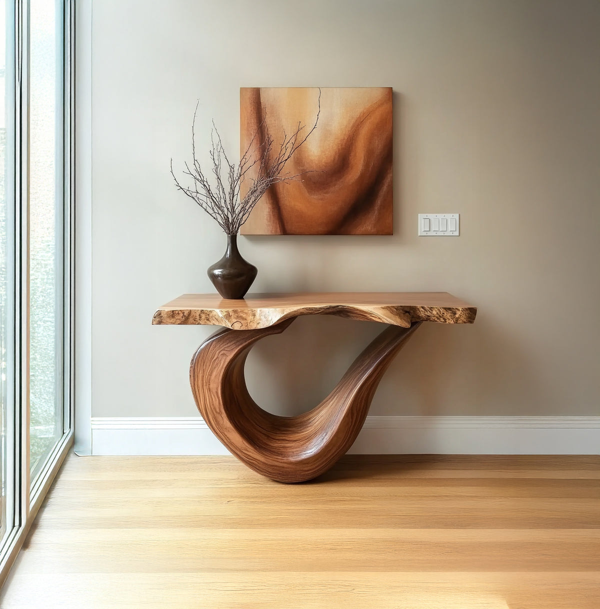 Live edge wood console table for modern organic interiors