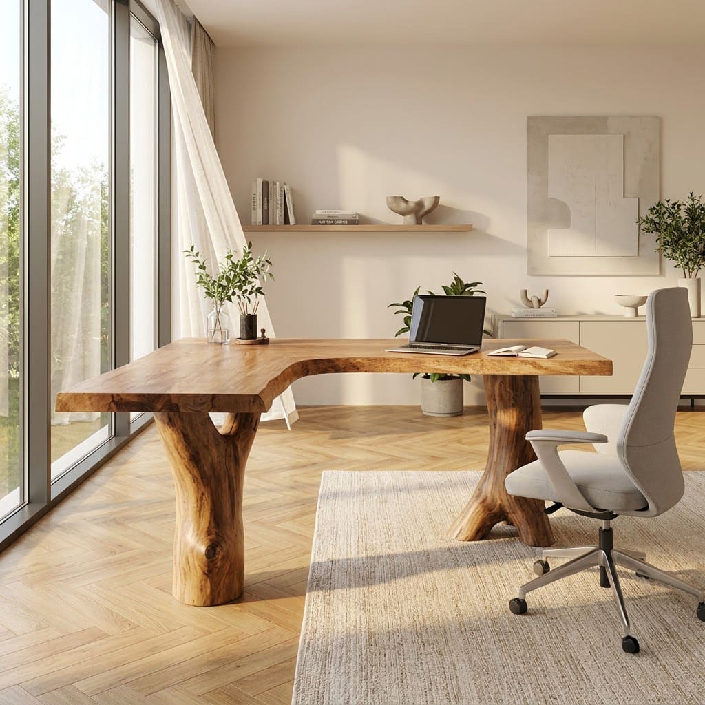Sculptural L-shaped executive desk crafted from solid wood with live edge detailing