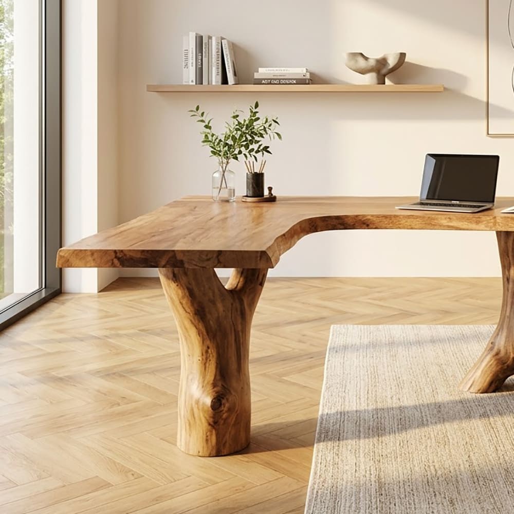 Live edge L-shaped executive desk crafted from solid wood with tree trunk pedestal legs