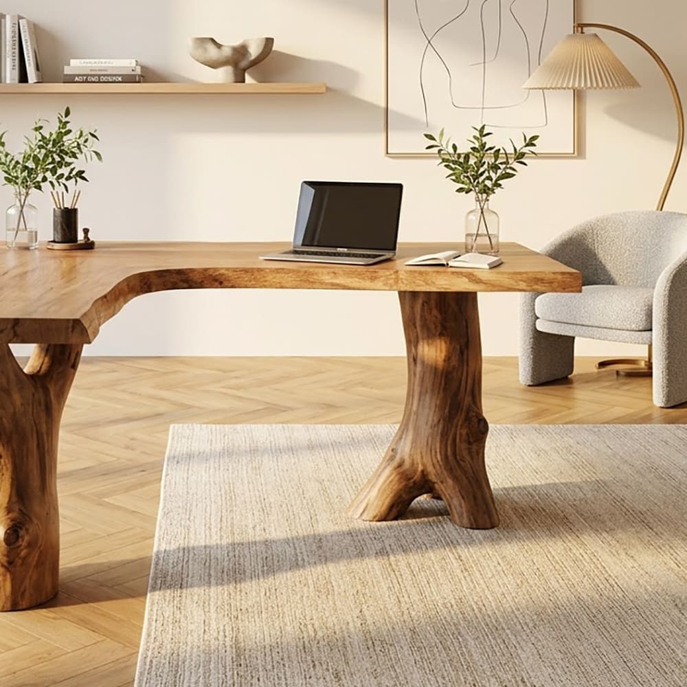 Organic L-shaped executive desk in solid wood with sculptural tree trunk legs