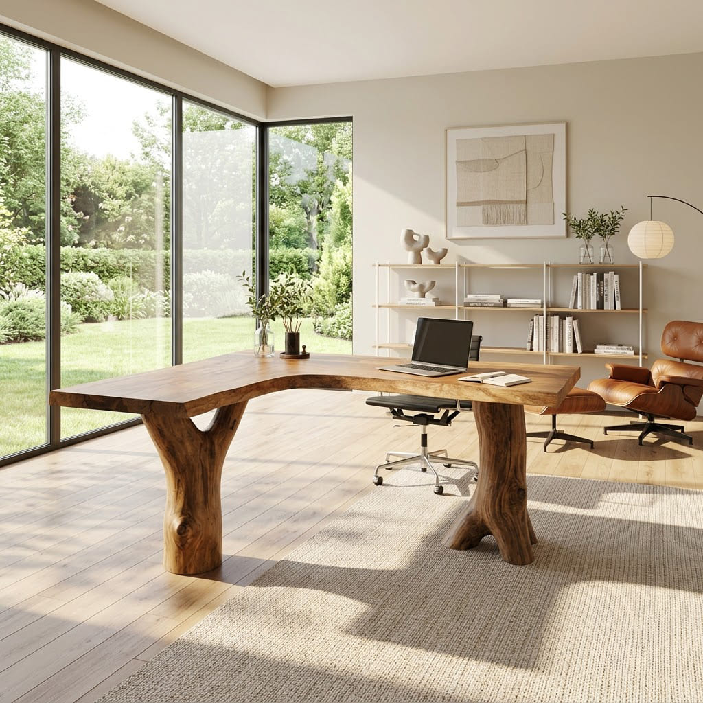 Sculptural live edge solid wood L-shaped executive desk with tree trunk pedestal legs for modern offices