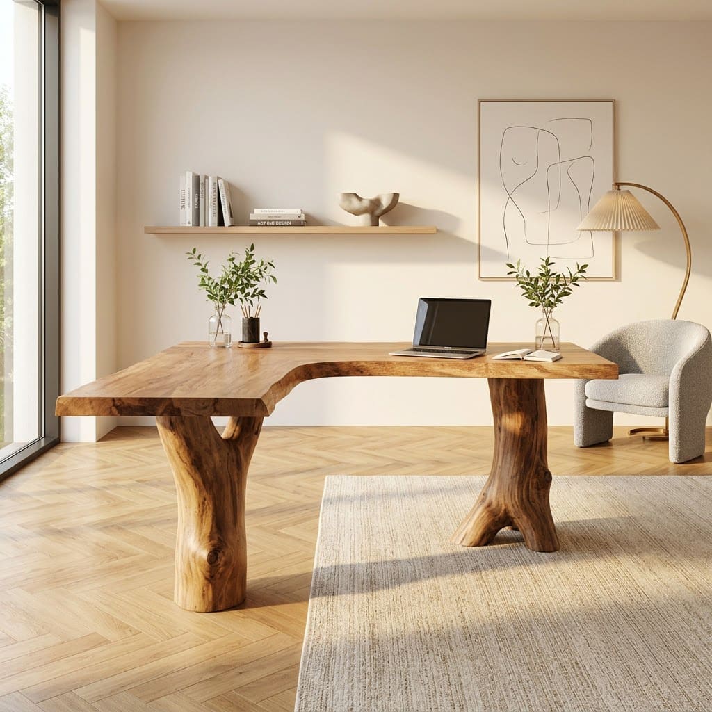 Live edge solid wood executive desk with L-shaped design and tree trunk legs for stylish office interiors