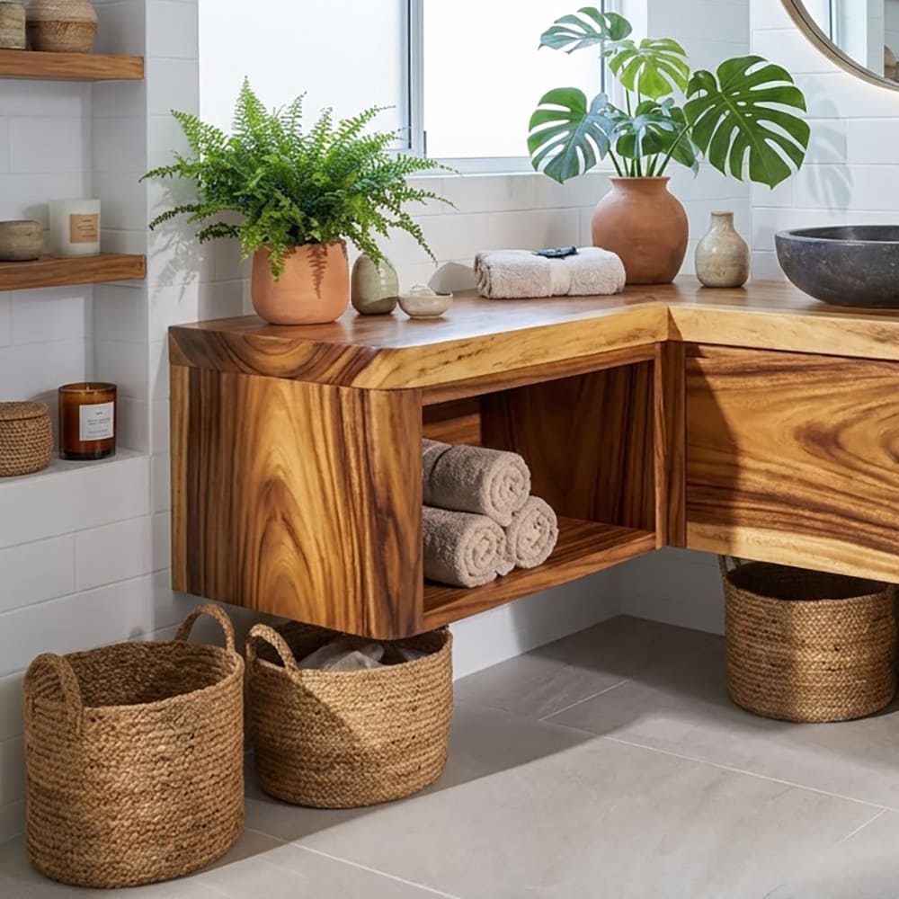 Live edge L-shaped bathroom vanity crafted from solid wood with a floating design