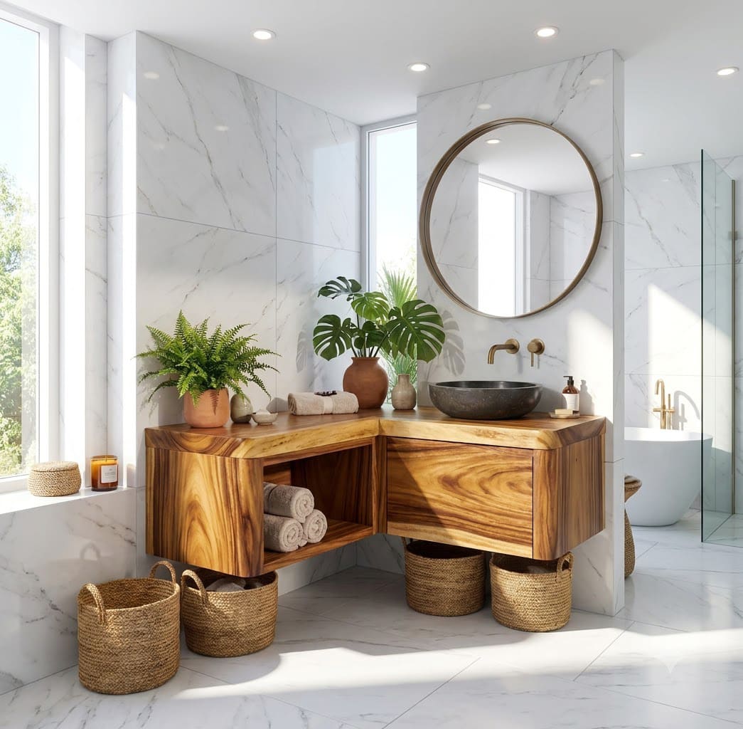 Sculptural live edge solid wood L-shaped floating bathroom vanity for modern bathroom interiors