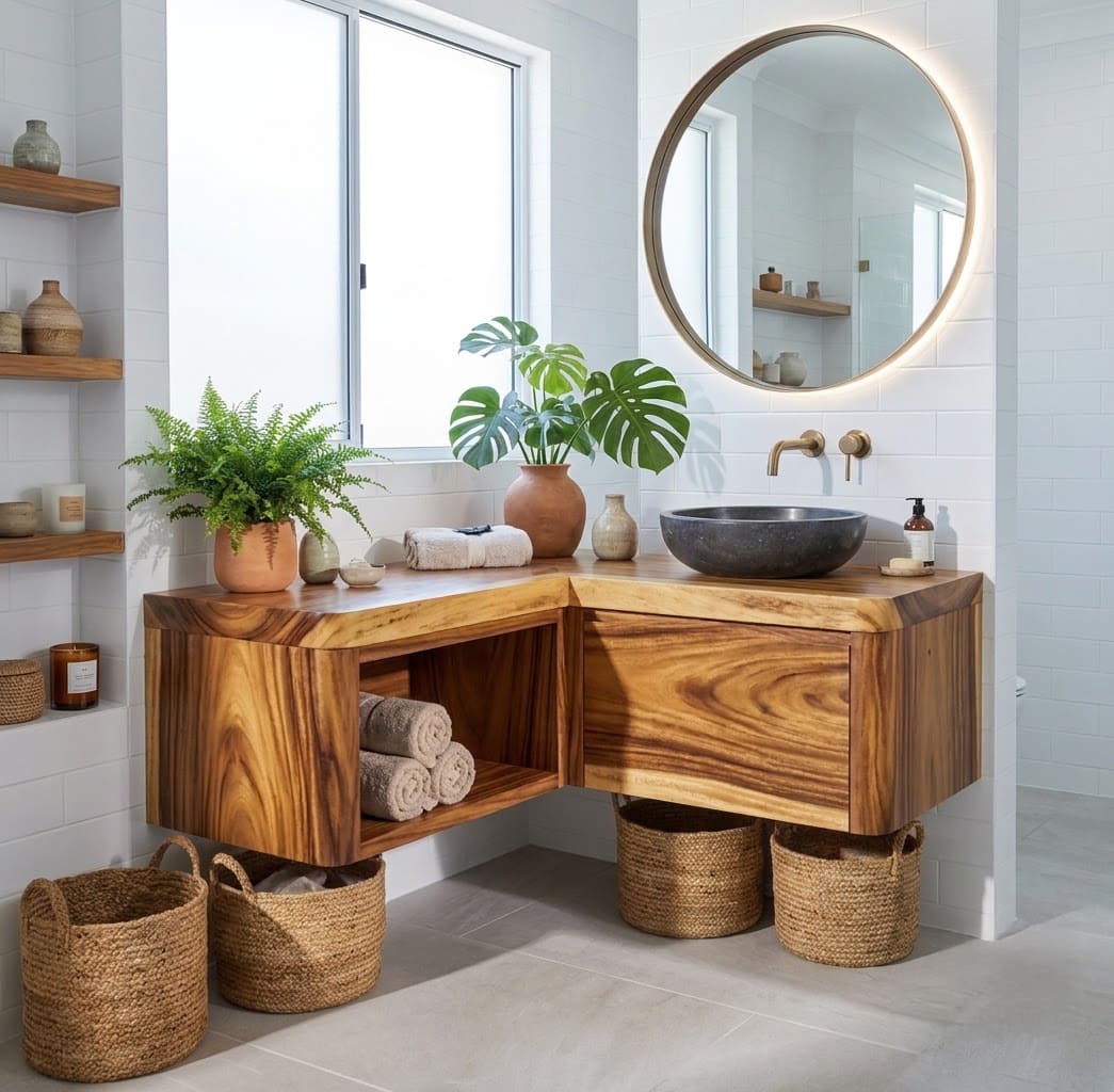 Live edge solid wood L-shaped floating vanity for contemporary bathroom spaces