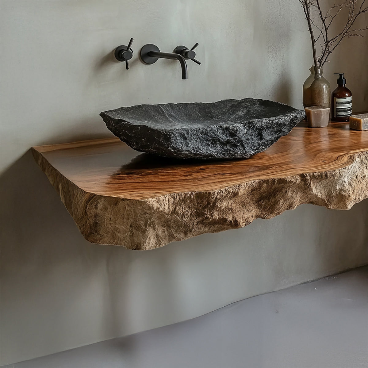 Sculptural live edge solid wood bathroom vanity with luxury design