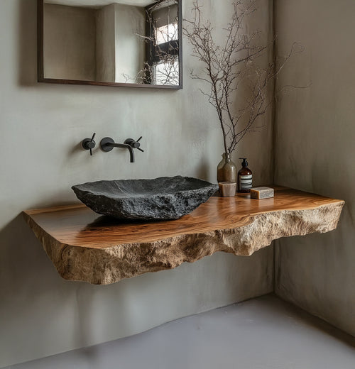 Sculptural Live Edge Solid Wood Bathroom Vanity – Luxury Organic Modern Design