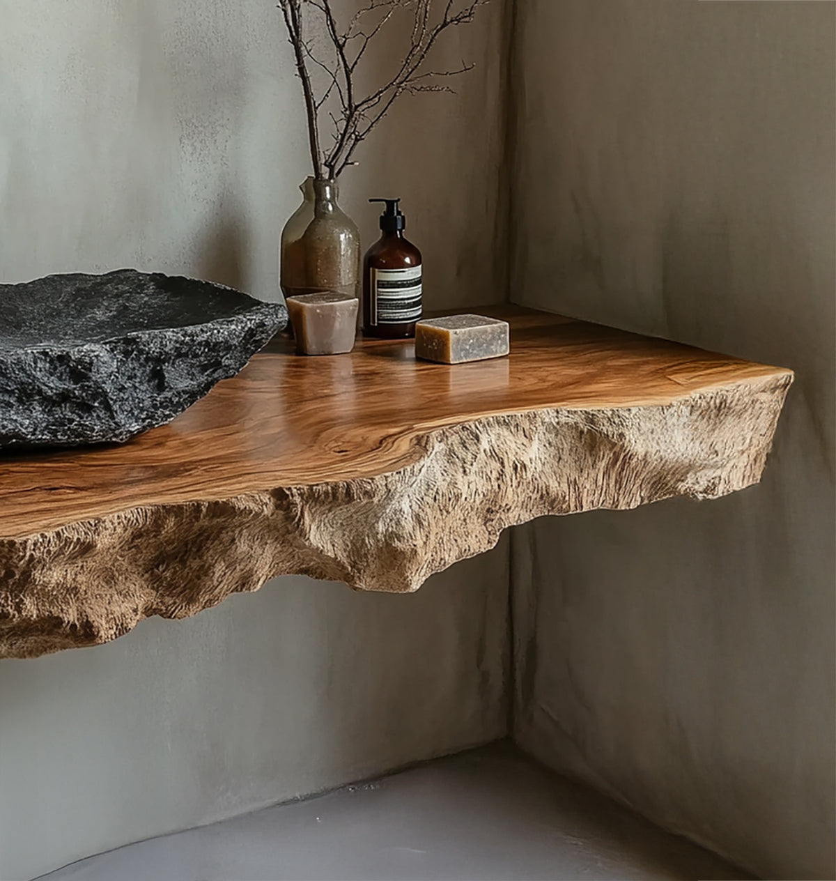 Luxury floating bathroom vanity with live edge detailing