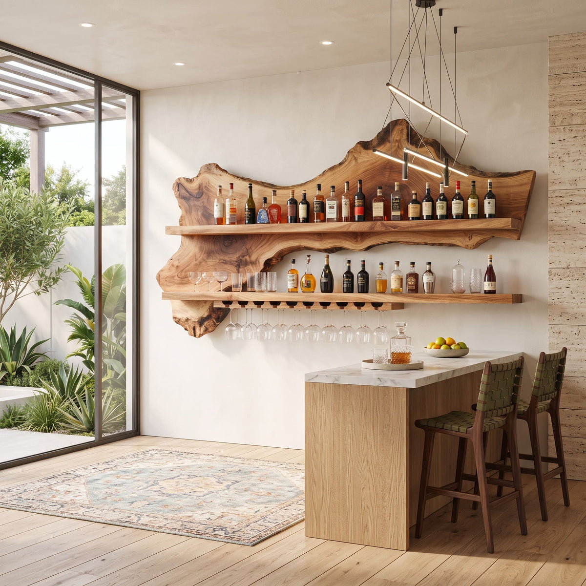 Sculptural live edge floating bar shelf in solid wood