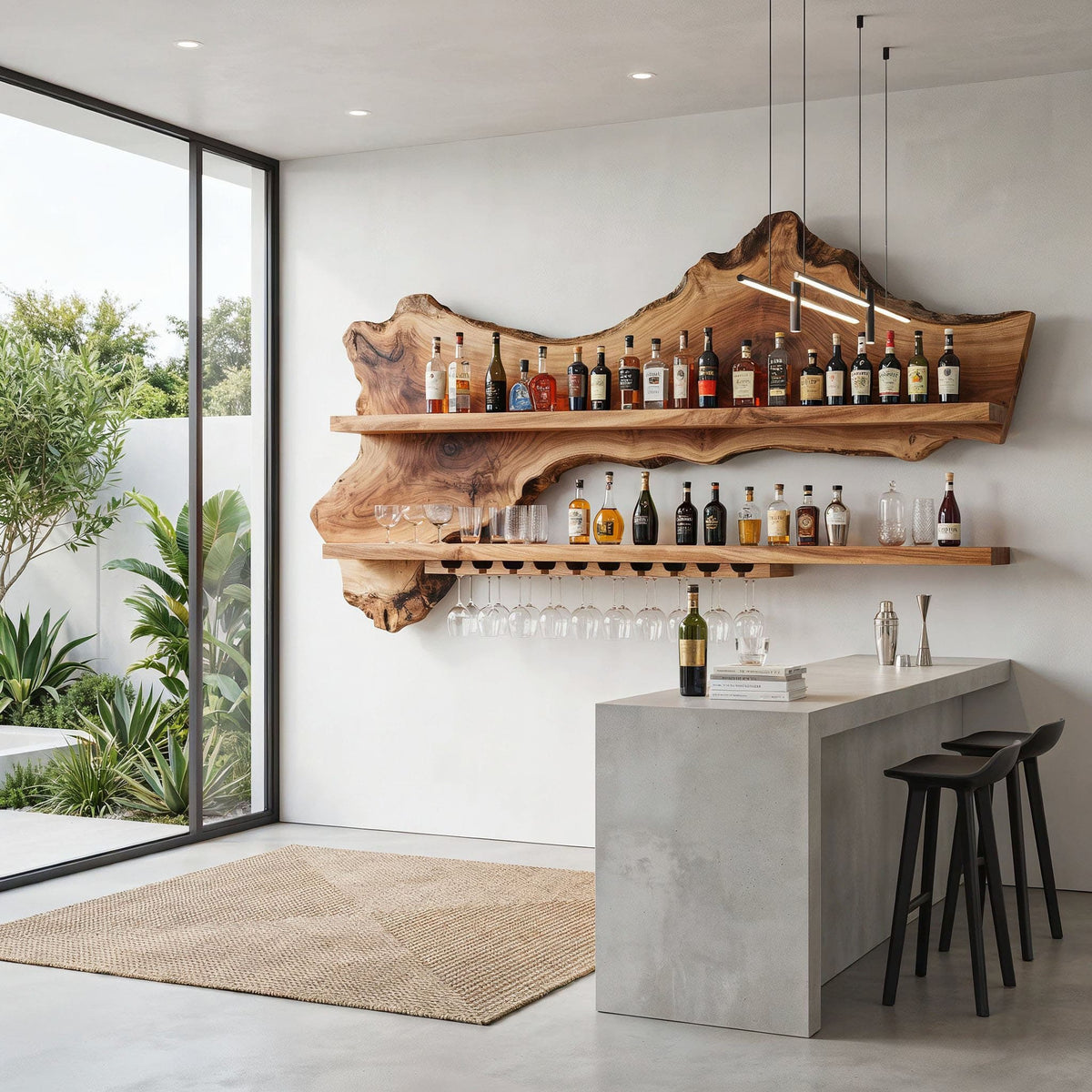 Solid wood floating stemware rack styled in a modern home bar