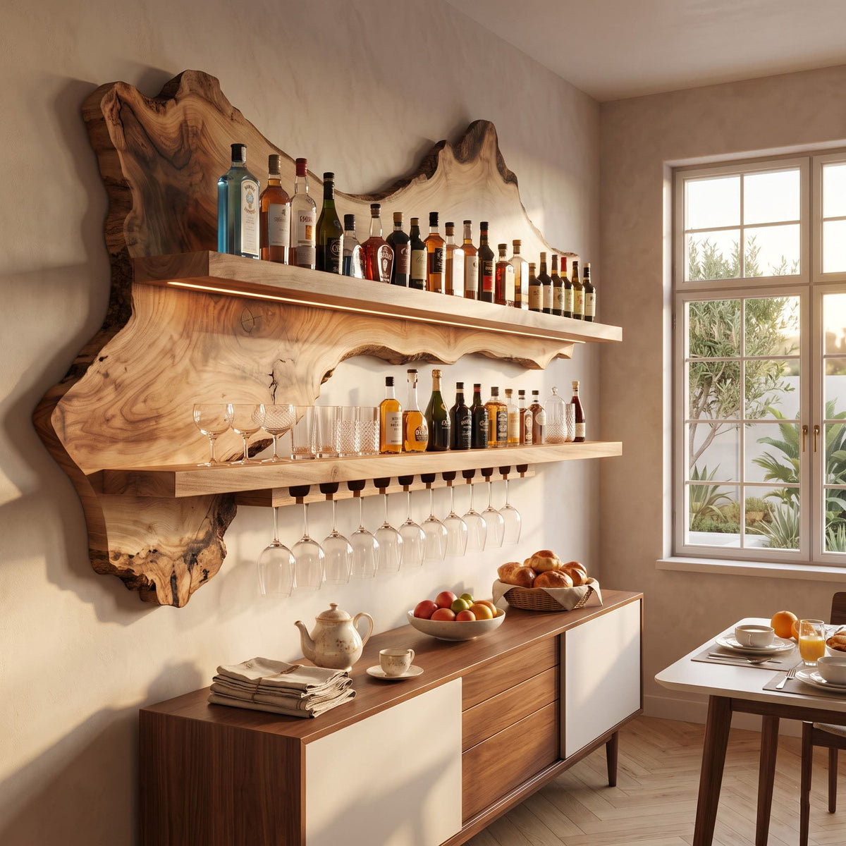 Sculptural solid wood floating shelf enhancing a contemporary dining space
