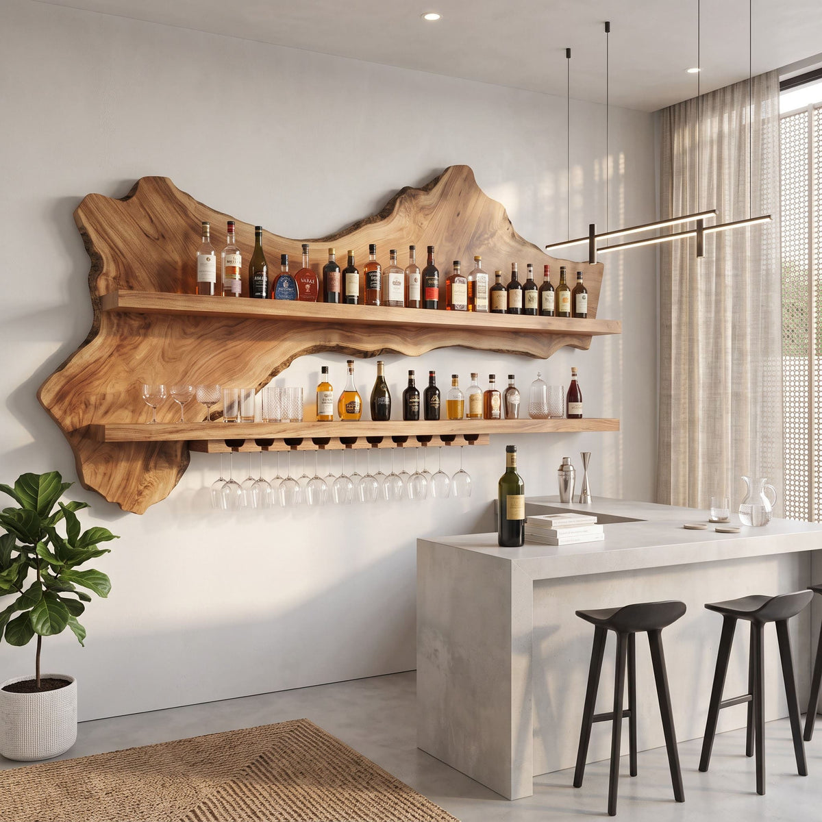 Handcrafted solid wood floating bar shelf styled in an elegant home bar