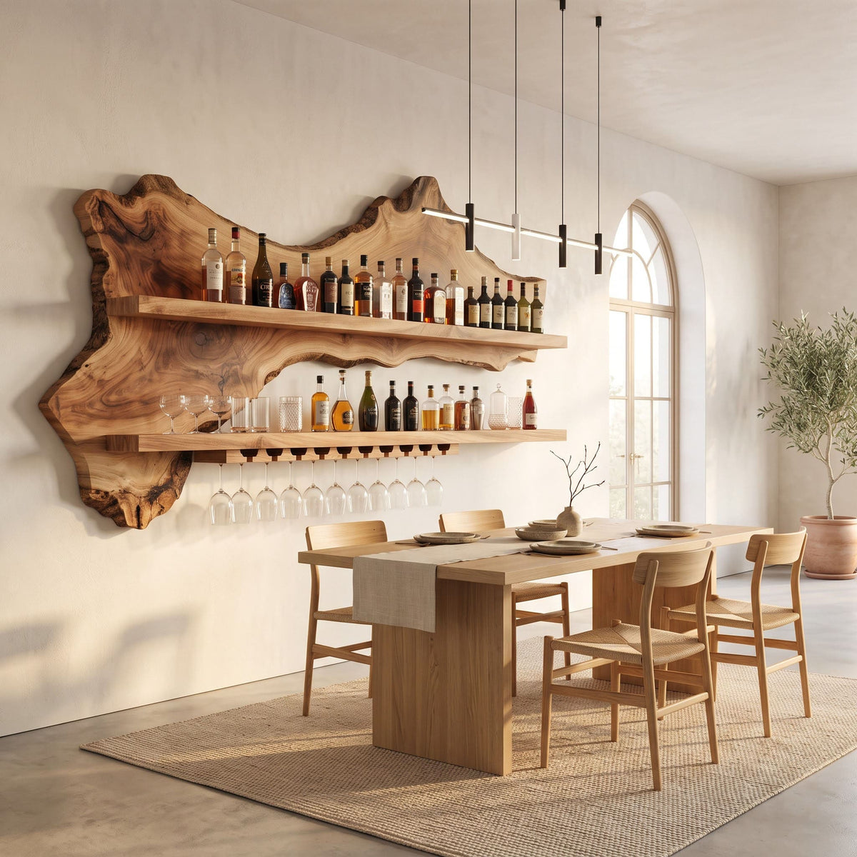 Sculptural live edge solid wood stemware rack featured in a sophisticated dining interior