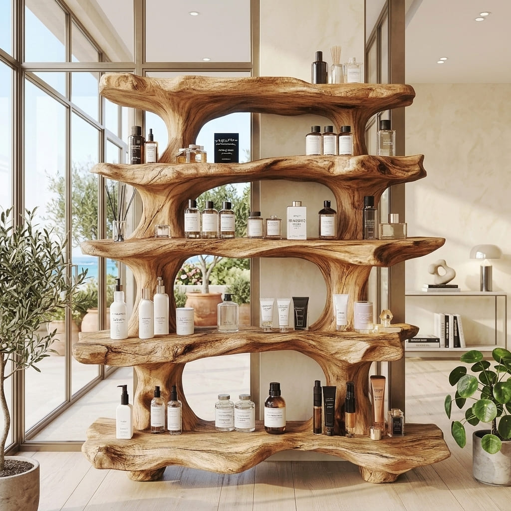 Handmade live edge display shelf in a luxury beauty space