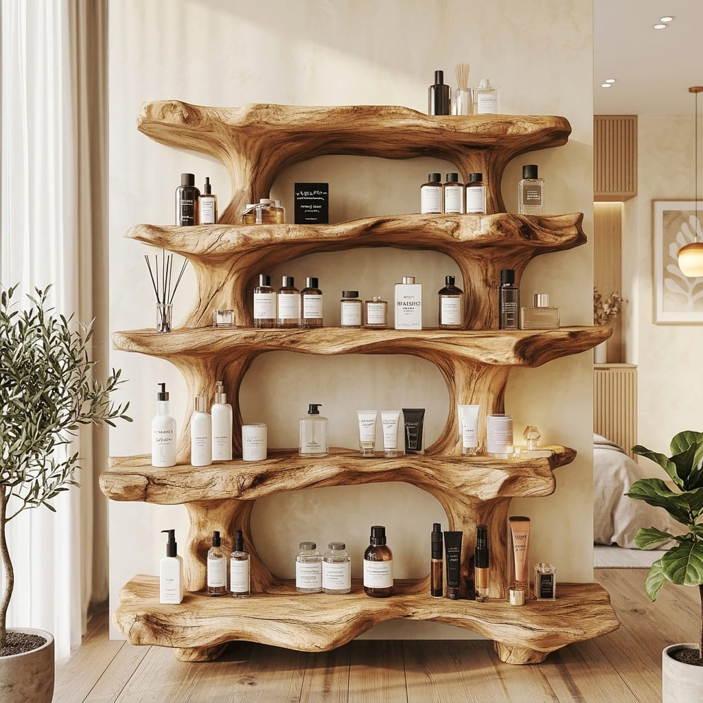 Organic wood display stand for perfumes and cosmetics in a dressing room