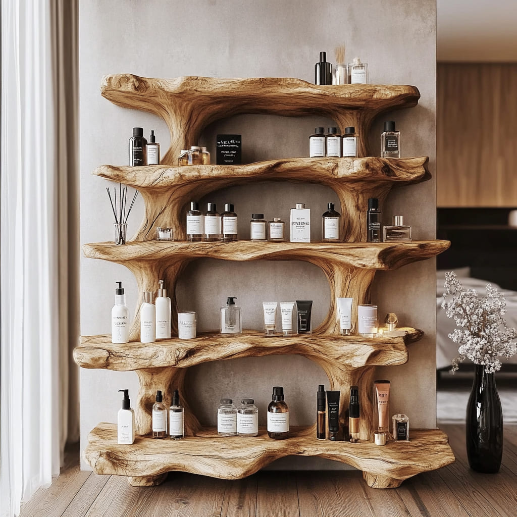 Multi-tier perfume display shelf crafted from natural wood