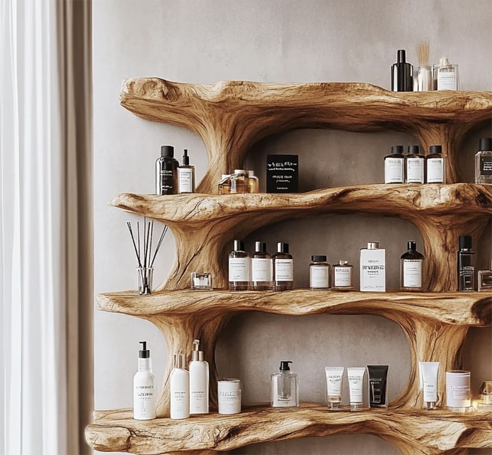 Live edge solid wood display shelf crafted with multiple tiers for organizing perfumes and skincare products