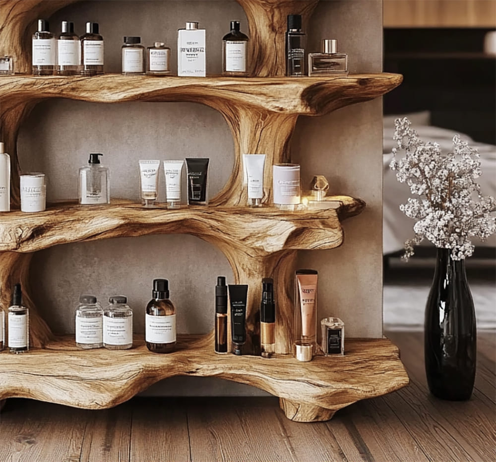 Sculptural wooden perfume organizer showcasing natural craftsmanship and functional beauty storage