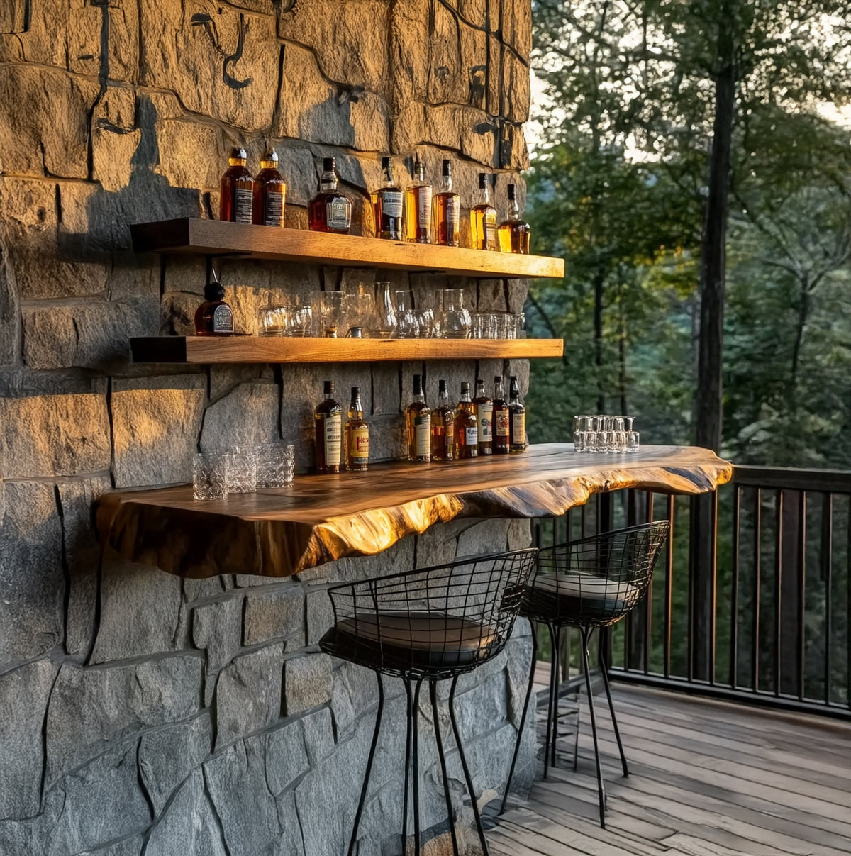 Sculptural live edge solid wood outdoor bar with whiskey station design