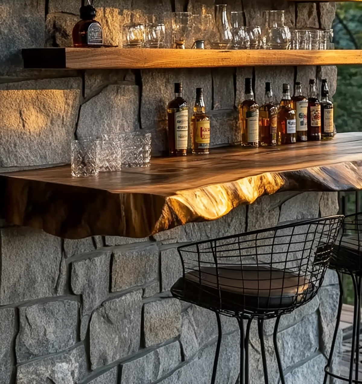 Solid wood whiskey bar with natural live edge detail