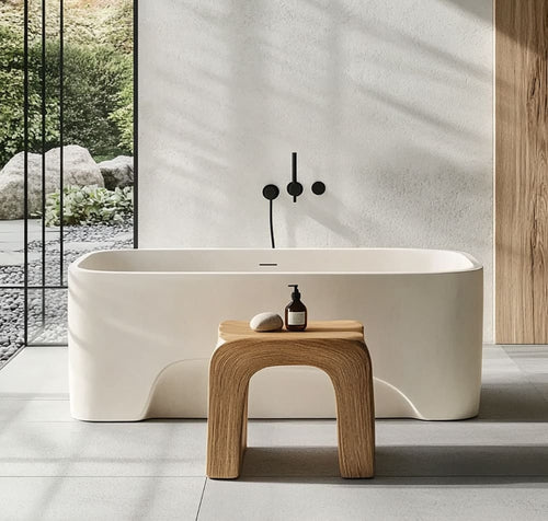 Sculptural Live Edge Solid Wood Shower Stool - Japandi Bathtub Bench