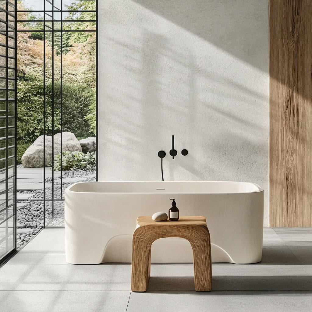 Japandi live edge shower stool styled beside a freestanding bathtub in a minimalist bathroom