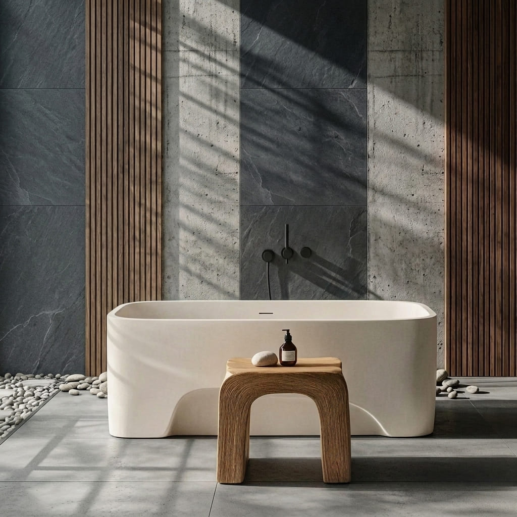 Handcrafted live edge bathroom stool designed for comfortable shower seating and bathside relaxation