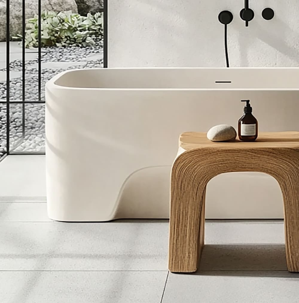 Solid wood bathtub bench featuring natural live edge details and sculptural craftsmanship