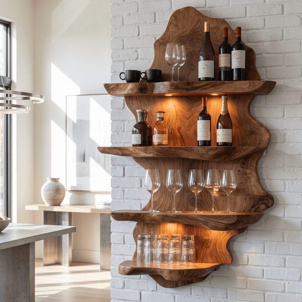 Sculptural live edge wall wine rack crafted from solid wood with integrated glassware shelf