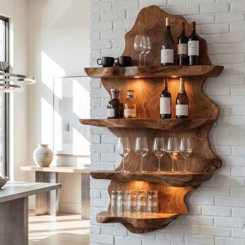Sculptural Live Edge Solid Wood Wall Wine Rack & Glassware Shelf with Integrated LED Spotlights