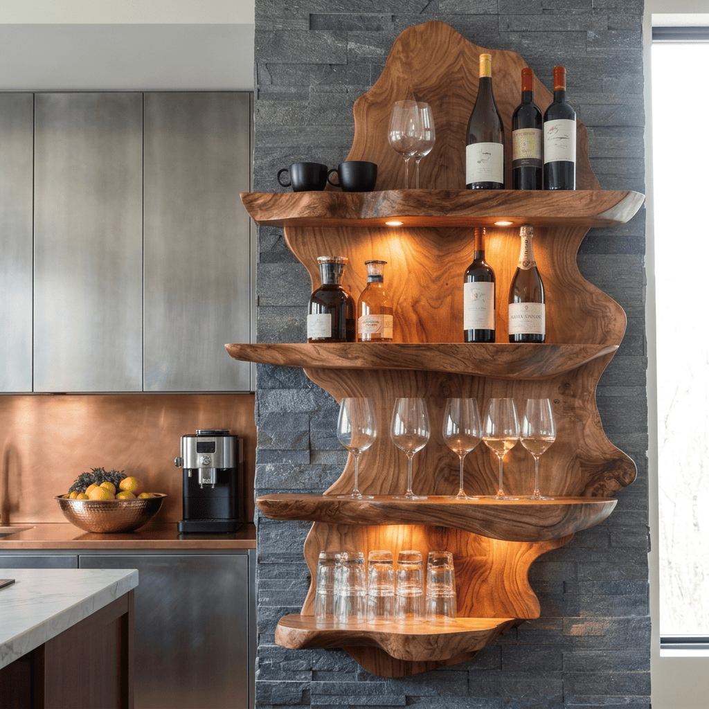 Sculptural live edge solid wood wall wine rack with glassware shelf and LED spotlights for modern dining rooms