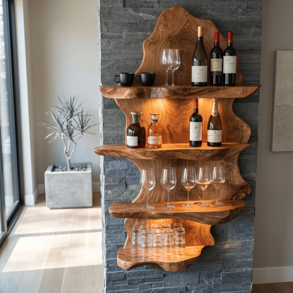 Live edge solid wood wall wine rack with integrated glassware shelf and LED lighting for contemporary interiors