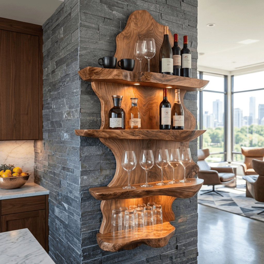 Sculptural solid wood wine rack with live edge detailing and glassware storage for stylish home bar spaces